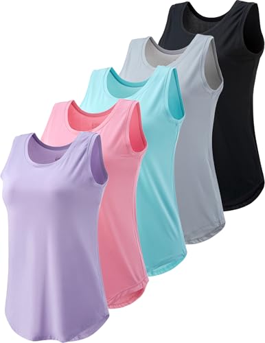 5 Pack Wide Straps Womens Workout Tank Tops, Athletic Sleeveless Shirts for Women, Ladies Exercise Tops for Yoga Tennis (Set 2, Large)