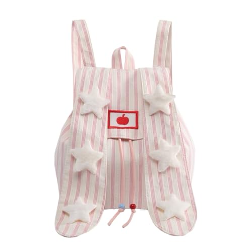 Y2K Cute Wind Rabbit Ears Backpack Female Student Backpack Striped Large Capacity Commuter Backpack (Pink,Small)