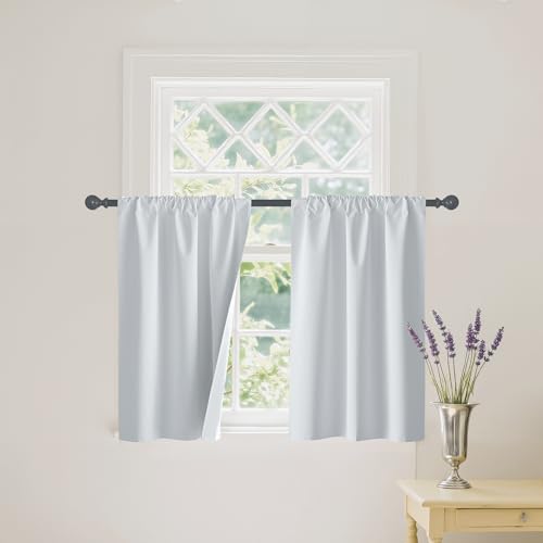 RYB HOME Mini Small 100% Blackout Curtains for Kitchen, Energy Saving Heat Blocking Half Window Curtains Drapes for Bathroom RV Car, Wide 29 x Long 30 inches, White, 2 Pcs