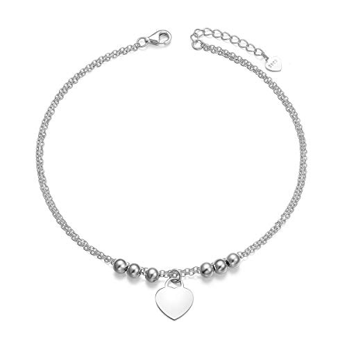 YinShan Elegant Sexy 925 Sterling Silver Simple Barefoot Chain Anklet for Women Best Gifts Beach Casual Bracelet Jewelry Adjustable Foot Ankle (Heart and Beads)