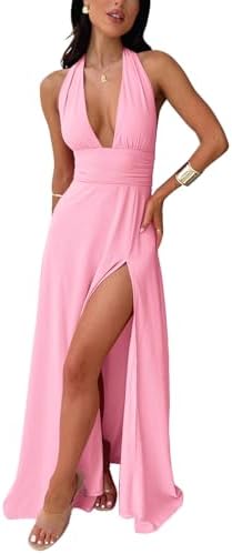 Ekaliy Womens Sexy Halter Deep V Neck Maxi Dress Sleeveless Backl...