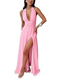 Ekaliy Womens Sexy Halter Neck Maxi Dress Sleeveless Backless Split Long Dress Pink XS