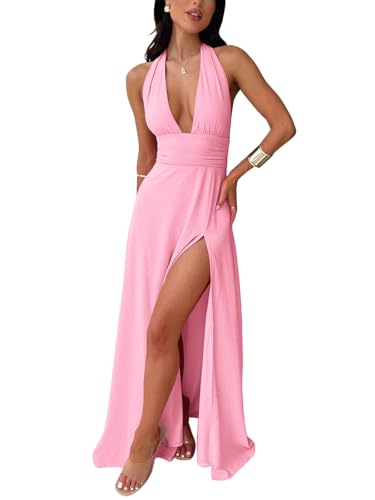 Image of Ekaliy Womens Sexy Halter Deep V Neck Maxi Dress Sleeveless Backless Split Long Dress