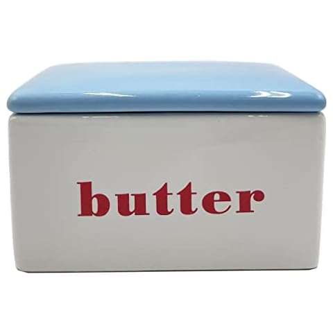 First of a Kind Ceramic Butter Box, Red, White & Blue - Vintage Butter Keeper Dish with Lid - Farmhouse Kitchen Decor - Butter Storage Container for Refrigerator - Butter Holder Container Box Cover