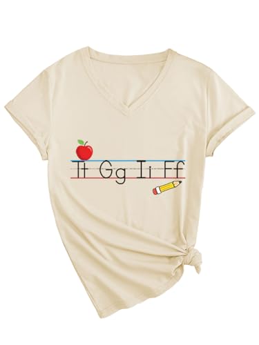 GAQEUWR Funny Teacher Shirt for Women, Tt Gg Ii Ff TGIF Shirt, Casual Back to School Teachers Life Short Sleeve Tee Tops Beige