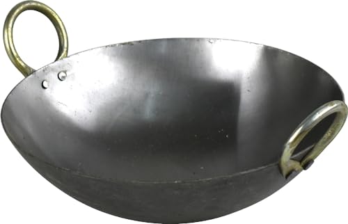 Catergold Iron Kadai Deep Frying Traditional Kadhai for Cooking Indian Chinese Food Wok Pan Multipurpose Hand Hammered Round Bottom Black (10 Inch)