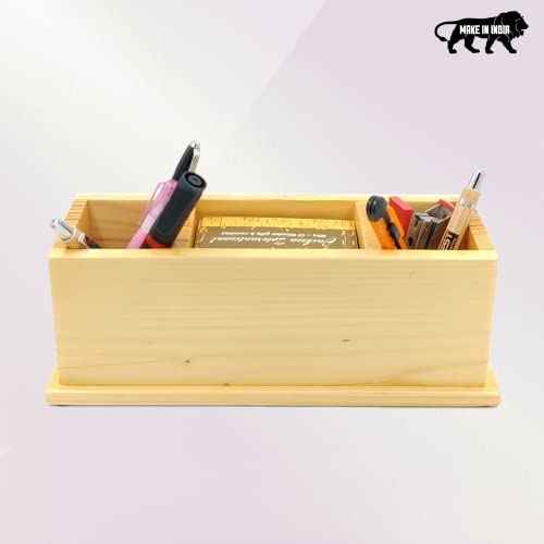 Image of WOOD HOUSE Wooden Double Pen Stand, Visiting Card Holder with Double Drawer for Office Table, School Table, Reception Desk, Wooden Pen Stand for Home Diwali, New Year Festival Gifts