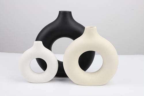 BestYiJo 3-Pcs Ceramic Donut Vase Set - Farmhouse Modern Aesthetic Floral Arrangement Vases for Living Room Shelf, Bedroom Dresser, Office Desk Centerpiece Decorations