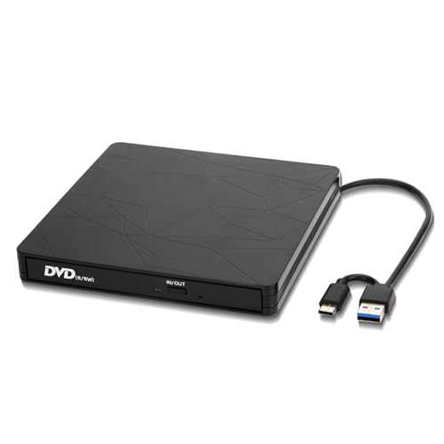 Cunsieun External DVD CD Drive, USB 3.0 & Type C CD/Dvd +/- RW burner, Portable DVD CD Burner Reader +/-RW ROM for Laptop/Desktops MacBook Apple OS /Win11/10/8/7