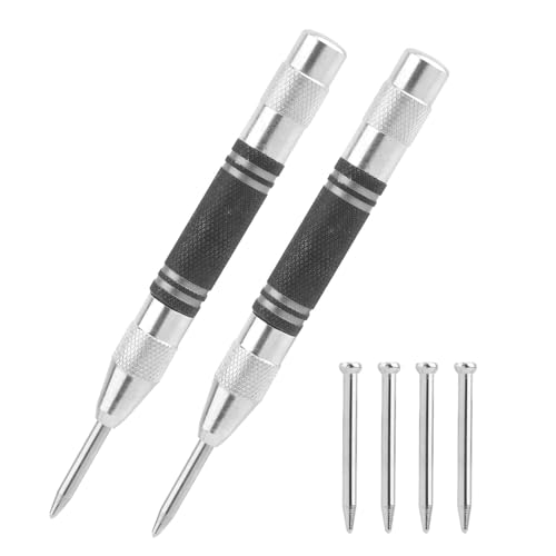 2 Pcs Automatic Center Punch, 5 Spring Loaded Center Punch, Steel Adjustable One-Handed Spring Impact Loaded Centre Hole Punchs, Hole Marker Tool for Glass Wood Thin Steel Sheets