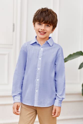 Boys Long Sleeve Button Down Shirts Kids Casual Cotton Collared Oxford Dress Shirt 5-14 Years Blue #TOP1