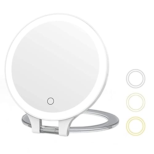 MYIAMO Makeup Mirror with Lights, Double Sided Lighted Magnifying Mirror 10X/ 1X with 3 Color Lighting Modes, Tabletop Mirror with Adjustable Folding Handle for Home or Travel MYIAMO Makeup Mirror with Lights, Double Sided Lighted Magnifying Mirror 10X/ 1X with 3 Color Lighting Modes, Tabletop Mirror with Adjustable Folding Handle for Home or Travel