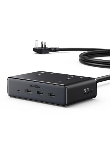 UGREEN Extension Lead with 4 USB Slots 2 Way 2990W Max Multiple Plug with 1.5m Extension Cable Compatible with iPhone 17/16/15/14 iPad Pro/Mini Suitable for Home/Office Black