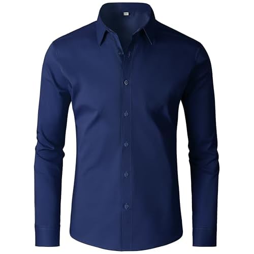 Mens Dress Shirts 4-Way Stretch Long Sleeve Slim Fit Formal Shirt Business Casual Wedding Dating Button Down Shirts XX-Large 00119_navy Blue