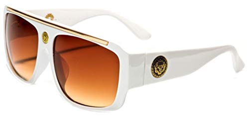 White & Gold Kleo Flat Top Hip Hop Rapper Retro Aviator Sunglasses w/ Brown Lenses