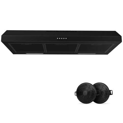 Upgraded 600 CFM Range Hood 36 inch, Black Under Cabinet Range Hood for Duct/Ductless Convertible, Stainless Steel Kitchen Stove Vent with 3 Speed Kitchen Exhaust Fan and Two Bright Energy-Saving LED