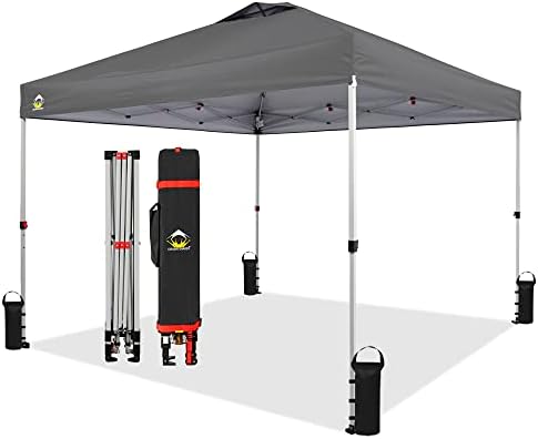 CROWN SHADES 10x10 Pop Up Canopy, Patented One Push Tent Canopy, Newly Designed Storage Bag, 8 Stakes, 4 Sandbags, 4 Ropes, Grey