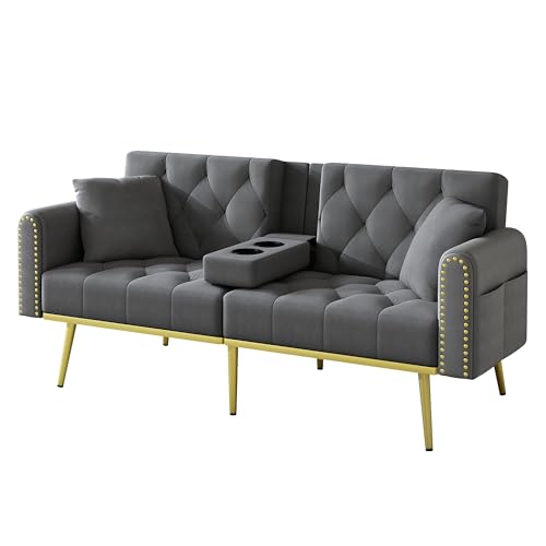 Azkoeesy Sofá cama de 2 plazas con soporte para bebidas, 175 cm, sofá cama con función de dormir, respaldo ajustable en 3 posiciones, patas metálicas doradas y remaches, para sala de estar y cine en