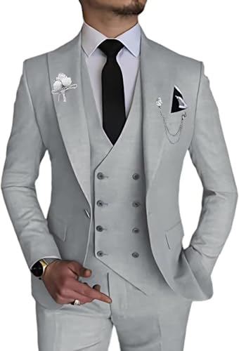 Sxfashbrd Men's 3 Piece Slim Fit Suit Jacket Double Breasted Business Blazer Jacket Men Formal Tuxedo for Wedding