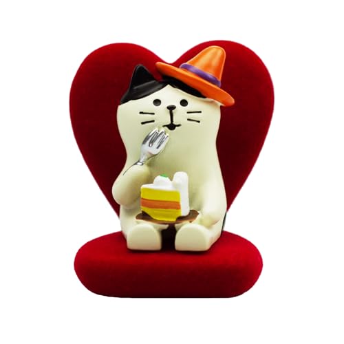 RAQWI Cat Eating Cake Figurine on Velvet Heart Sofa, Resin Desk Decor