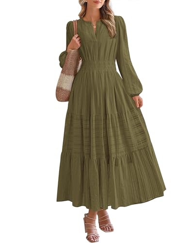 BTFBM Fall Dresses for Women 2025 Casual Long Sleeve V Neck Elastic Waist Lightweight Maxi Wedding Guest Dress Pockets