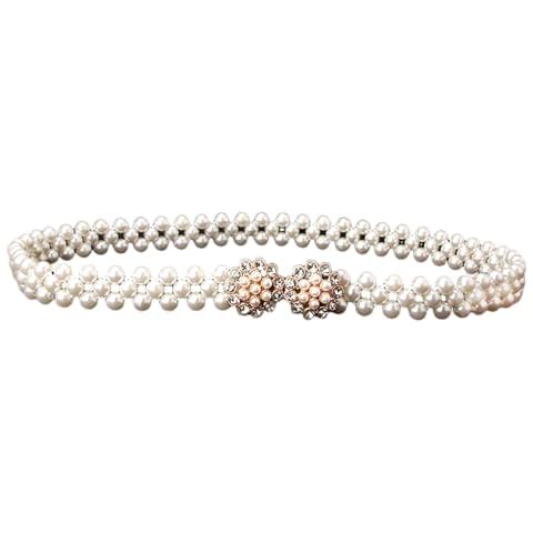 HSQYJ Pearl Elastic Chain Belt Adjustable Stretchy Metal Crystal Flower Buckle Waist Belt Western Body Jewelry for Women Girl (Round Flower) Cover