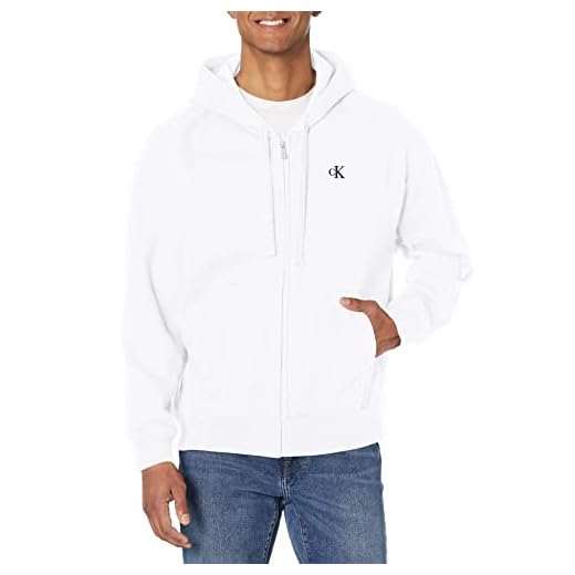 Calvin Klein Men's Relaxed Fit Archive Logo Fleece Full Zip Hoodie, Brilliant White, Large