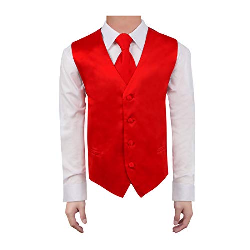 Dan Smith DGDE0020-12 Red Kids Plain Waistcoat Microfiber For Graduation Baby Vest with Matching Neck Tie for Age 12