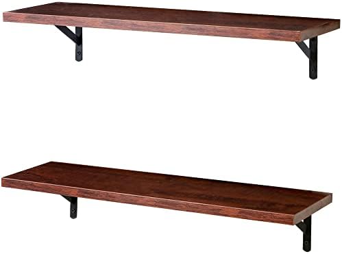 SUPERJARE 23.6 x 7.9in Floating Shelves, Set of 2, Wall Mounted Shelves for Storage, Hanging Book Shelves with Brackets for Bedroom/Living Room/Kitchen/Office/Bathroom - Cherry Walnut