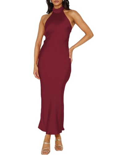Image of Women Summer Satin Halter Neck Backless Formal Wedding Guest Maxi Dress