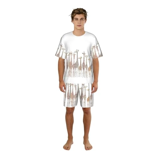 Image of PQruop Cute Wild Cartoon Giraffes Print Men'S Pajama Set,Short-Sleeved Loungewear With Pockets,Summer Crew Neck Pajamas Black