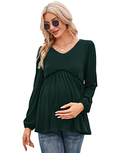 Coolmee Women's Maternity Puff Long Sleeve Shirts V Neck Tops Casual Fall Ruffle Babydoll Loose Flowy Hollow Out Tunic Blouse Dark Green L #TOP30