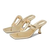 RJYLP Gold Flip Flop Heels Sandals for Women Metal Kitten Heels Thong Sandals Slip on Comfort Square Toe Casual Fashion Summer Flip Flops Shoes