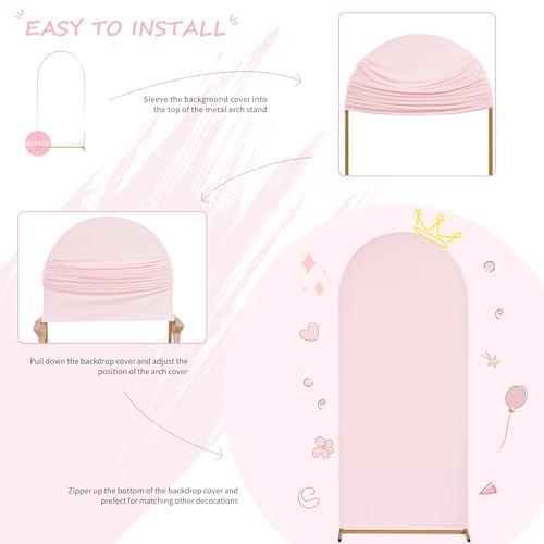 Image of SoarDream Pink Wedding Arch Backdrop Cover 6.6FT Spandex Fitted Pink Wedding Arch Covers Round Top Chiara Arches Backdrop Cover Fabric for Baby Shower Balloon Party Decoration