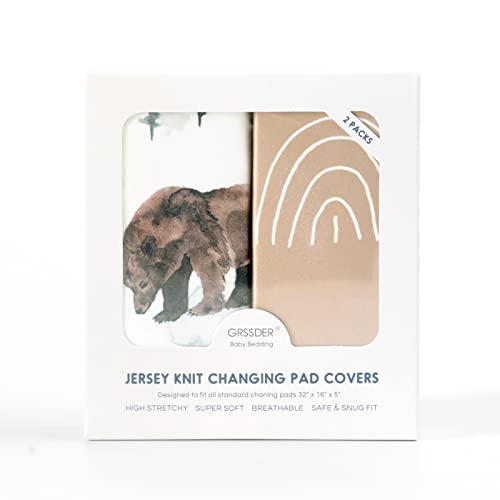 Image of GRSSDER Stretch Ultra Soft Jersey Knit Changing Pad Covers Set 2 Pack, Change Table Pad Covers Fit 32 inch /34 inch x 16 inch Pads Safe and Snug, Jungle Bear /Rainbow for Baby