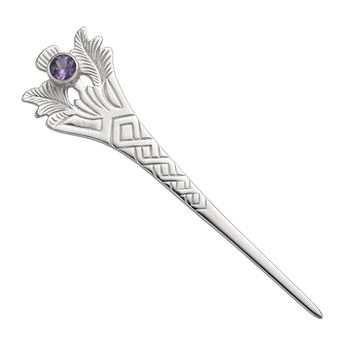 Image of Alexander Castle 925 Sterling Silver Scottish Thistle Kilt Pin Brooch with Purple CZ Stone for Men & Women - Kilt Accessory with Jewelry Gift Box - 76mm