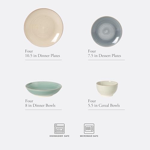 Image of Gibson Home Stonebury 16 Piece Plates and Bowls Assorted Color Dishes - Handpainted Stoneware Dinnerware Set - Service for 4