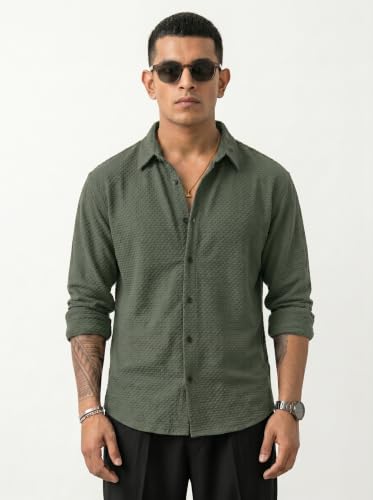 Image of Men's Casual Button Down Shirts Long Sleeve Cotton Bland Shirt Fashion Textured Beach Summer Shirt