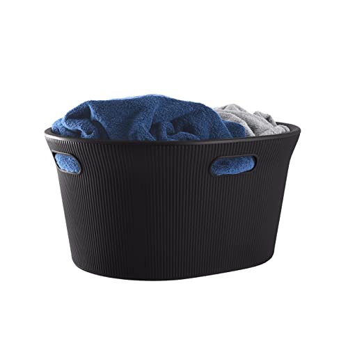 Image of Superio Ribbed Collection - Decorative Plastic Laundry Basket with Cut-Out Handles, Brown (1 Pack) Hamper Organzier for Bedroom Bathroom College Dorm Room 35 Liter