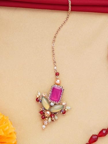 Image of SANJOYA Gold Plated Traditional Embroidered Jewellery for Women & Girls | Stone Studded Wedding, Festive, Mehendi, Sangeet Collection | Necklace, Earrings, Maang Tikka, Bracelet & Ring