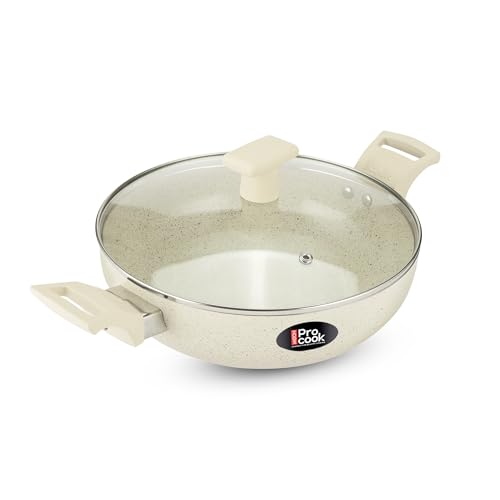 Image of MILTON Pro cook Induction Cookware & Gas Stove Friendly 24 cm Ceramic Non-Stick Kadhai with Lid | KFCC South Korean Coating | PFOA & PFAS Free | Even Heat | Less Oil Cooking | 2Y Warranty | Cream