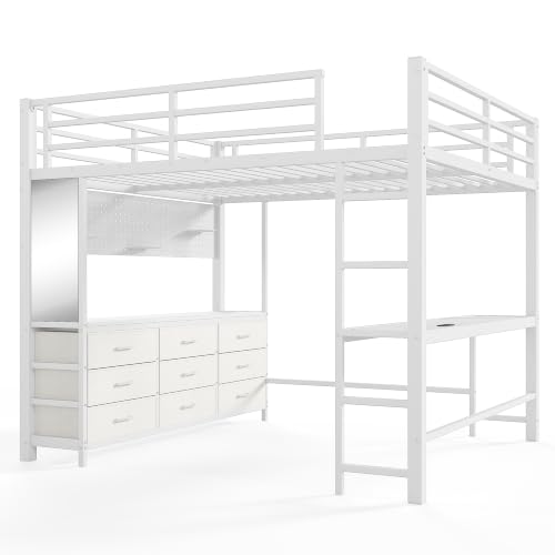 Image of Bellemave Metal Queen Loft Bed Frame with Desk, Storage Drawers,USB,Mirror for Adults,Kids,Teens,White