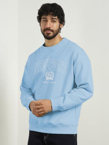 Image of Nobero Men's Graphic Printed Oversized Sweatshirt | Cotton Rich Fleece Round Neck Pullover | Relaxed Fit Casual Winter Wear for Men