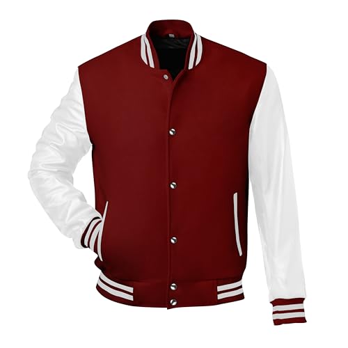 Image of Red And Black Letterman Jacket Men - Mens Black Varsity Letterman High School Baseball Bomber Jacket