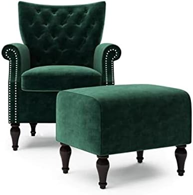 WOODSTER Ivanna Velvet Tufted Rolled Arm Chair and Ottoman Set (Green)