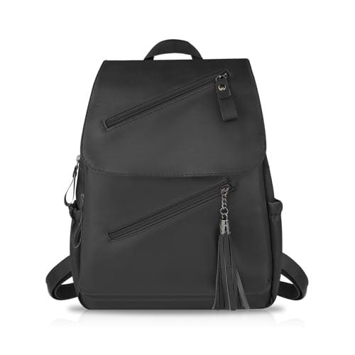 FuninCrea Damen-Rucksack, Leder, lässig, Tagesrucksack, mittelgroß, mit 5 Reißverschlusstaschen, modischer Damenrucksack, Klappendesign, wasserdichter Reiserucksack für Arbeit, Uni, Schwarz , 38