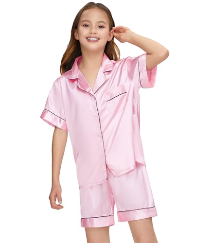 Kids Girl Pajama Set with Headband Blindfold Hair Tie Toddler Boy Girl Satin Silky Button-up Pajama Sleepwear3