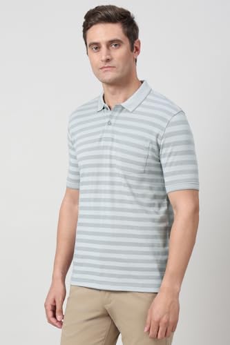 Image of Peter England Men's Cotton-Polyester Blend Striped Polo T-Shirt | Casual Wear | Durable & Trendy Regular Fit