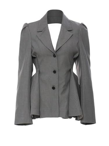 Women's Gray Backless Mesh Ruffled Blazer Lapel Long Sleeve Loose Jacket2
