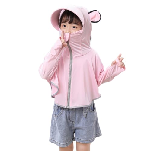 Image of PALAY Sunscreen Jacket for Girls, UPF 50+ Sun Protection Hoodie Jacket for Girl Kid Long Sleeve Wide Brim Hat Summer Coat with Face Mask for Hiking Outdoor 110-130cm Girl